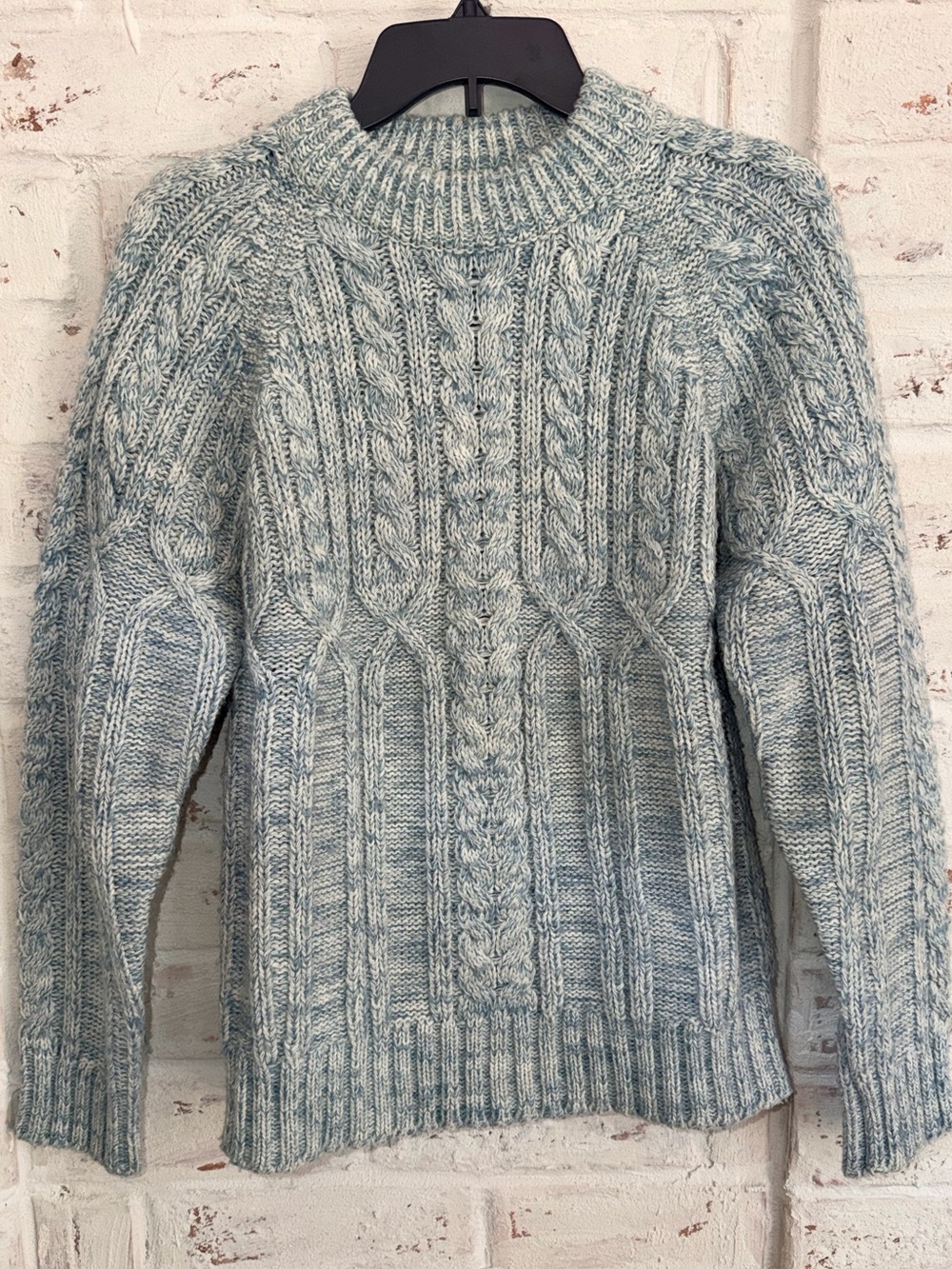 Vintage Puritan Cable Knit Fisherman Sweater Blue Mock Neck Chunky Mens Small